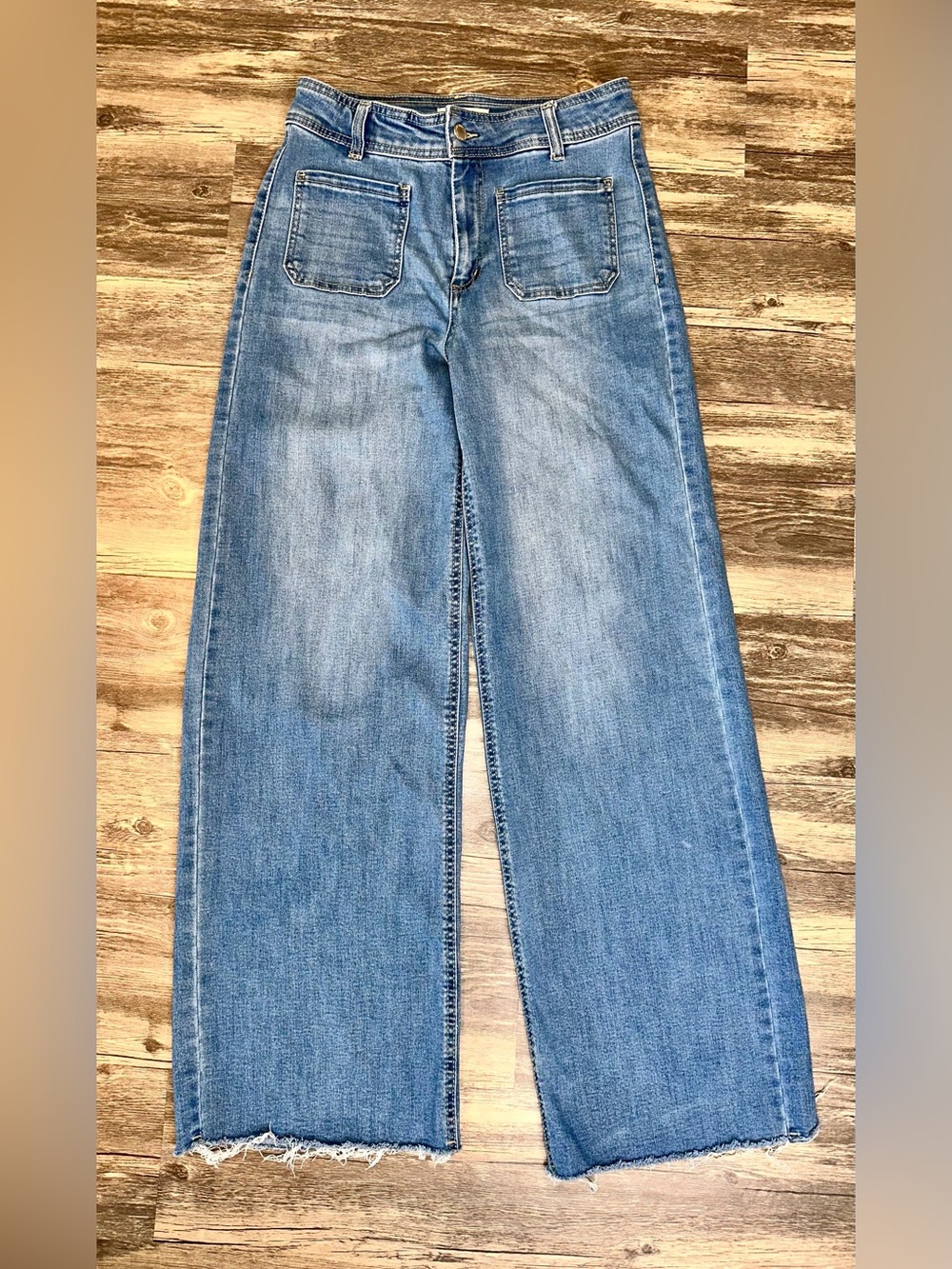 OAT New York Jeans Womens 4/27 High Rise Wide Leg Patch Pocket Raw Hem Stretch